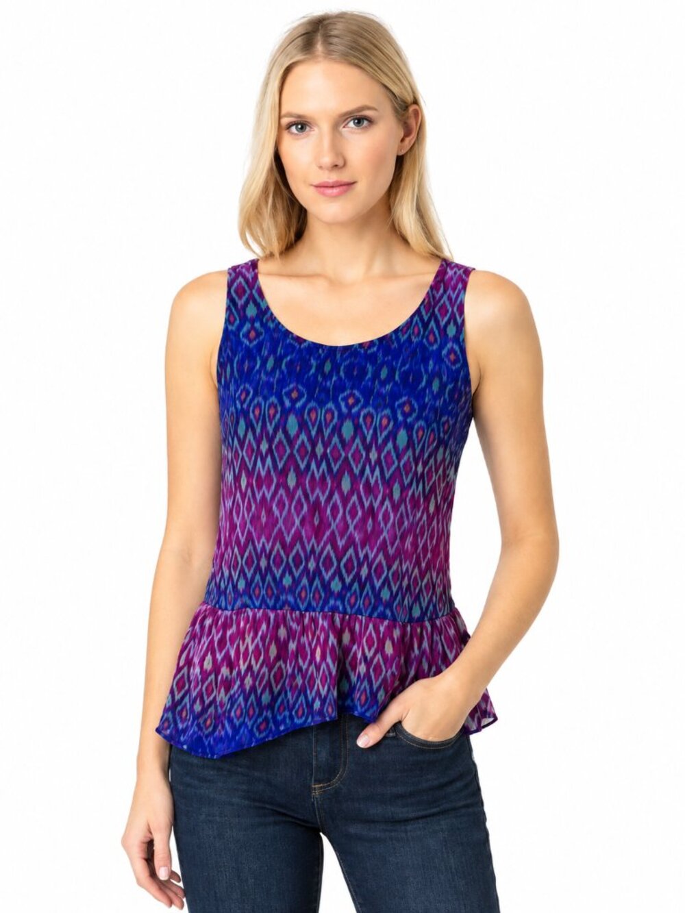 Express Dopamine Burst Sleeveless Top – Size M – Ruffled Hem, Vibrant Ikat Print